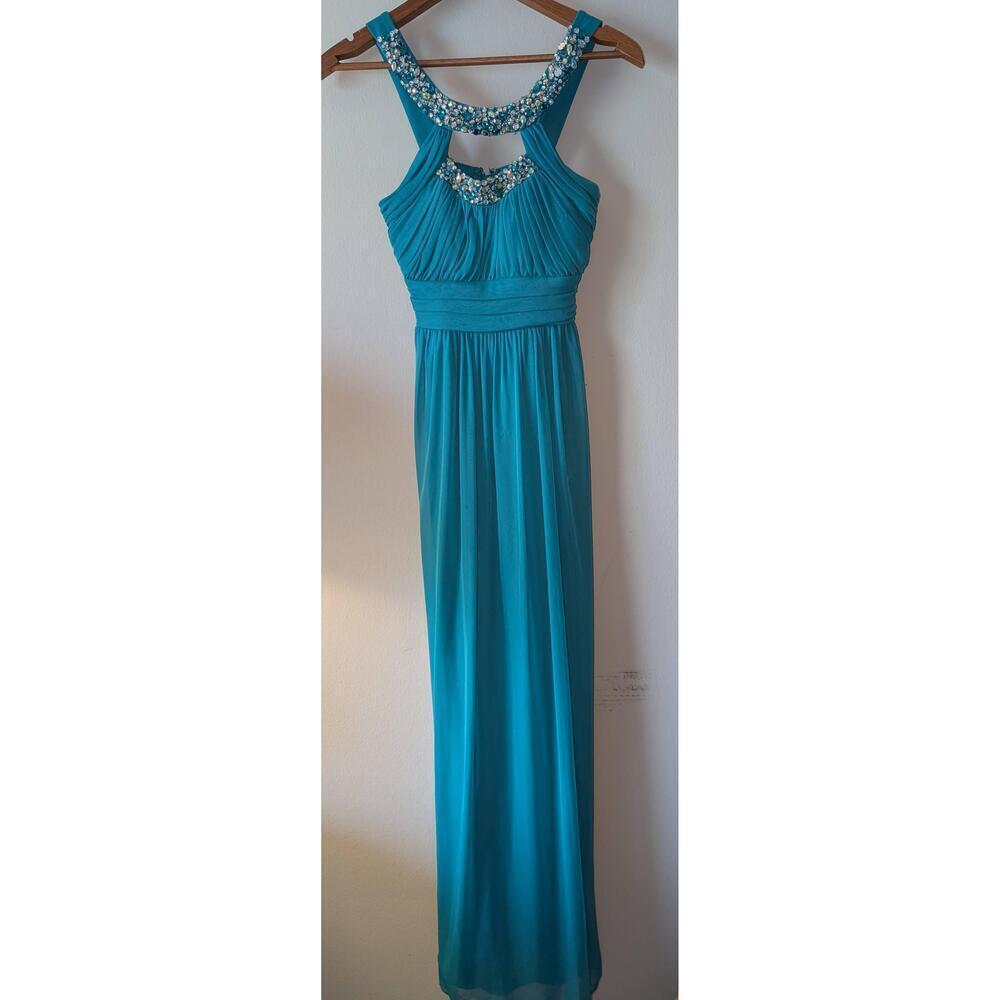 City Studio Dress Womens Size 1 Teal Maxi Gown Beaded Neck Empire Waist - Picture 2 of 5